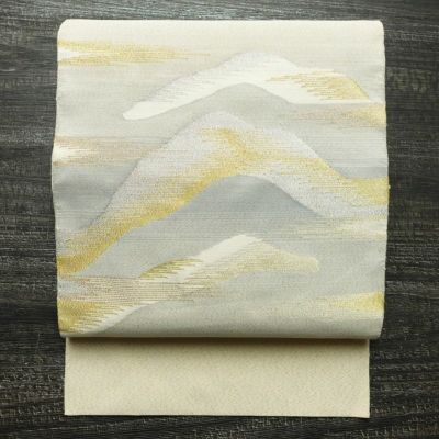 名古屋帯 太鼓柄 良品 正絹 風景柄 松葉仕立て なごや帯 リサイクル帯 帯 金糸 クリーム