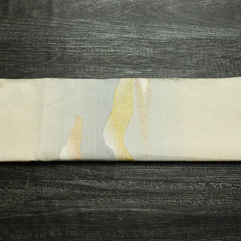 名古屋帯 太鼓柄 良品 正絹 風景柄 松葉仕立て なごや帯 リサイクル帯 帯 金糸 クリーム_画像15