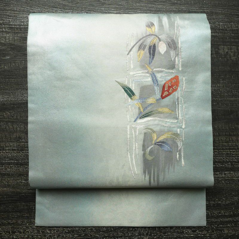 名古屋帯 太鼓柄 正絹 花柄 名古屋仕立て なごや帯 リサイクル帯 帯 モダン ブルーグレー グレー_画像1