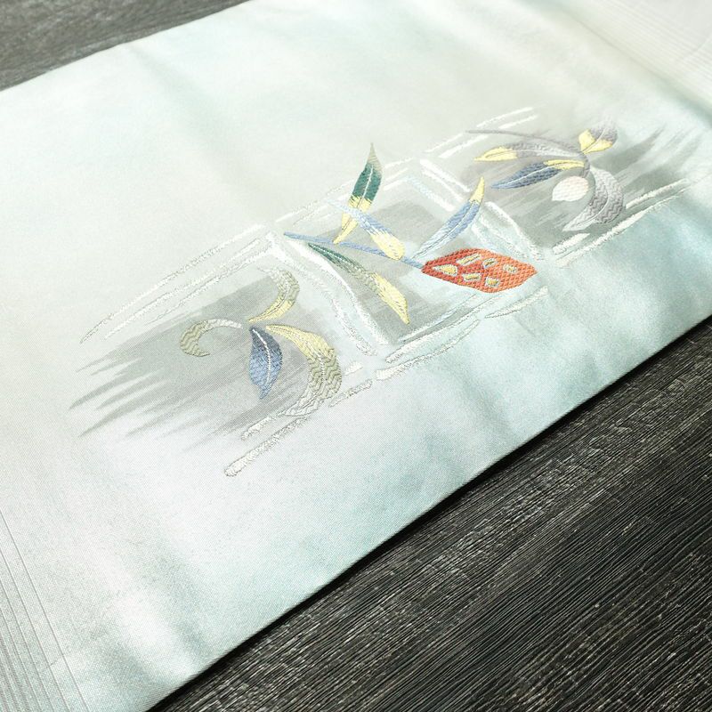 名古屋帯 太鼓柄 正絹 花柄 名古屋仕立て なごや帯 リサイクル帯 帯 モダン ブルーグレー グレー_画像11