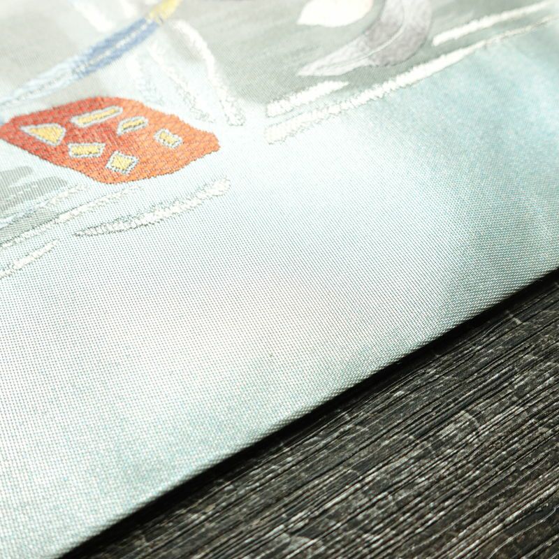 名古屋帯 太鼓柄 正絹 花柄 名古屋仕立て なごや帯 リサイクル帯 帯 モダン ブルーグレー グレー_画像12