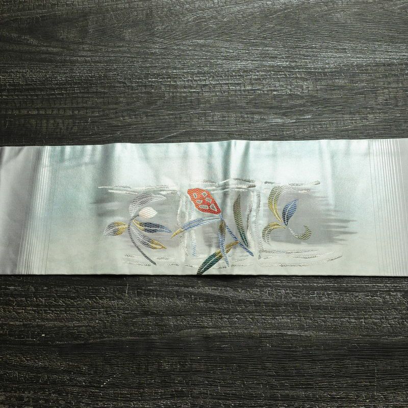 名古屋帯 太鼓柄 正絹 花柄 名古屋仕立て なごや帯 リサイクル帯 帯 モダン ブルーグレー グレー_画像15