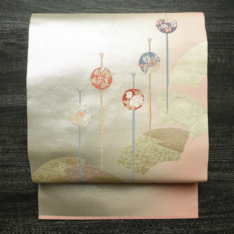 名古屋帯 太鼓柄 正絹 古典柄 名古屋仕立て なごや帯 リサイクル帯 帯 引箔 かんざし 簪 モダン シンプル ピンク_画像1