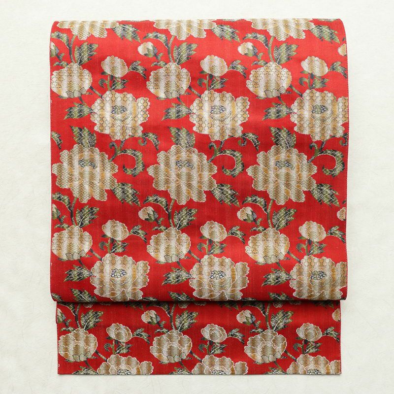 名古屋帯 全通柄 美品 正絹 花柄 松葉仕立て なごや帯 リサイクル帯 帯 菊 赤・朱_画像1