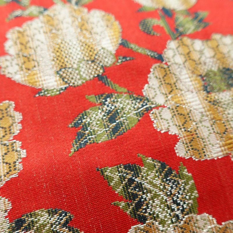 名古屋帯 全通柄 美品 正絹 花柄 松葉仕立て なごや帯 リサイクル帯 帯 菊 赤・朱_画像5