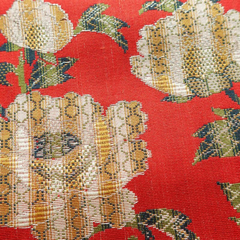 名古屋帯 全通柄 美品 正絹 花柄 松葉仕立て なごや帯 リサイクル帯 帯 菊 赤・朱_画像6