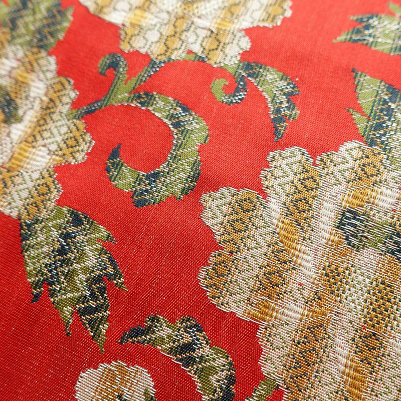 名古屋帯 全通柄 美品 正絹 花柄 松葉仕立て なごや帯 リサイクル帯 帯 菊 赤・朱_画像7