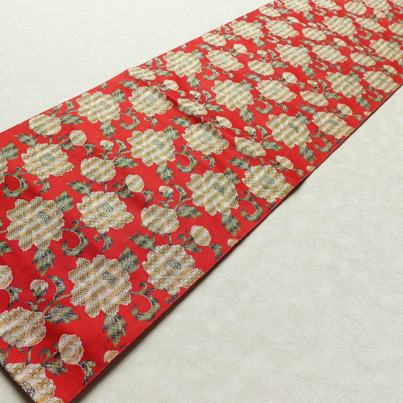 名古屋帯 全通柄 美品 正絹 花柄 松葉仕立て なごや帯 リサイクル帯 帯 菊 赤・朱_画像9