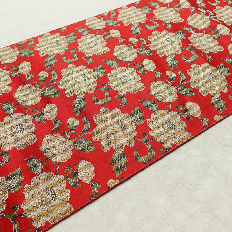 名古屋帯 全通柄 美品 正絹 花柄 松葉仕立て なごや帯 リサイクル帯 帯 菊 赤・朱_画像11