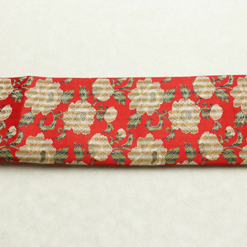名古屋帯 全通柄 美品 正絹 花柄 松葉仕立て なごや帯 リサイクル帯 帯 菊 赤・朱_画像13