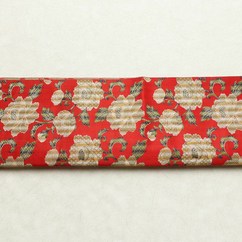 名古屋帯 全通柄 美品 正絹 花柄 松葉仕立て なごや帯 リサイクル帯 帯 菊 赤・朱_画像14
