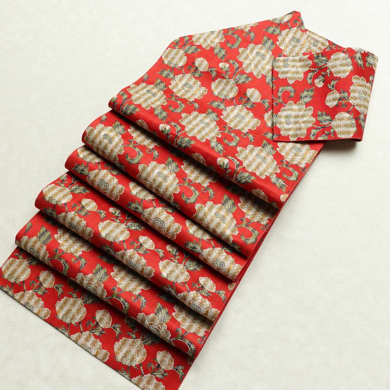 名古屋帯 全通柄 美品 正絹 花柄 松葉仕立て なごや帯 リサイクル帯 帯 菊 赤・朱_画像20