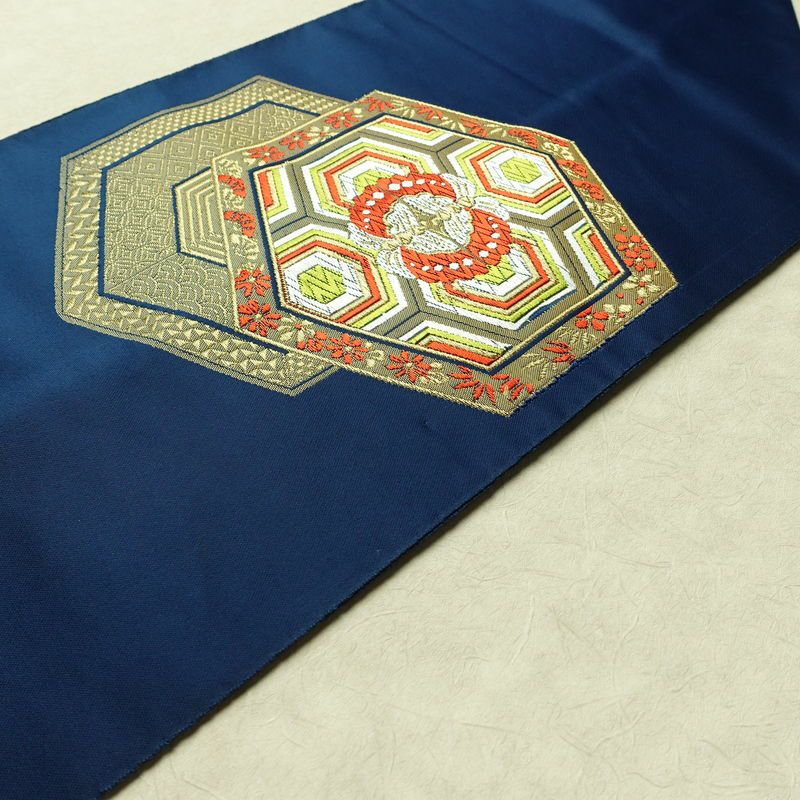 名古屋帯 太鼓柄 良品 ポリエステル 古典柄 名古屋仕立て なごや帯 リサイクル帯 帯 シンプル 青・紺_画像12