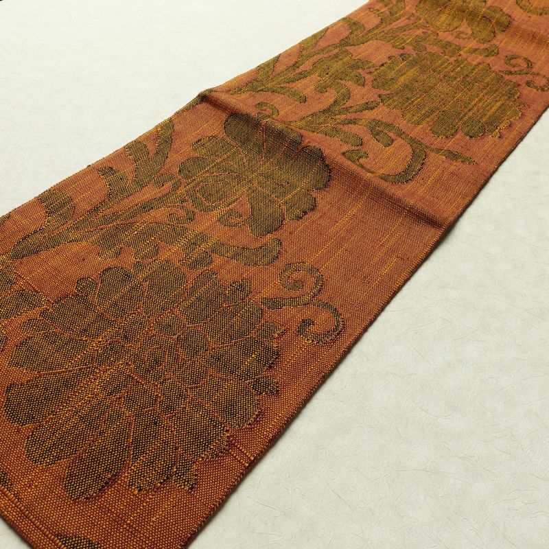 名古屋帯 六通柄 良品 正絹 木の葉・植物柄 名古屋仕立て なごや帯 リサイクル帯 帯 茶_画像8
