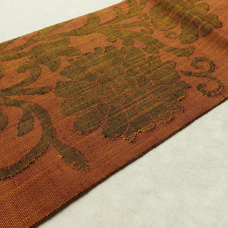 名古屋帯 六通柄 良品 正絹 木の葉・植物柄 名古屋仕立て なごや帯 リサイクル帯 帯 茶_画像11