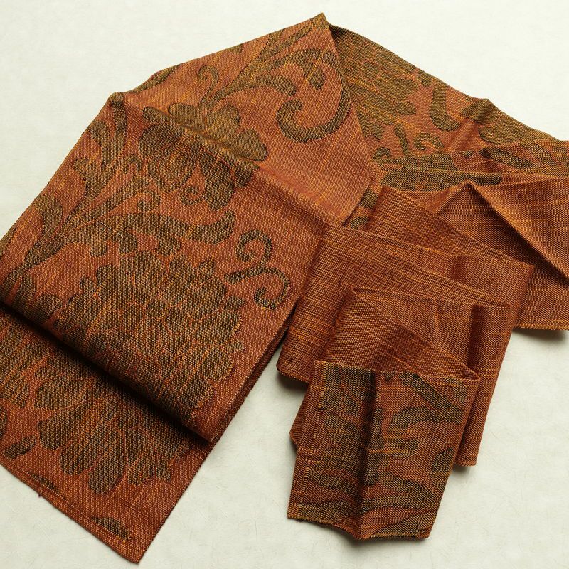 名古屋帯 六通柄 良品 正絹 木の葉・植物柄 名古屋仕立て なごや帯 リサイクル帯 帯 茶_画像17