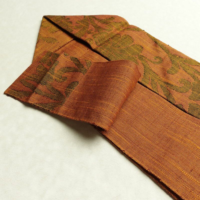 名古屋帯 六通柄 良品 正絹 木の葉・植物柄 名古屋仕立て なごや帯 リサイクル帯 帯 茶_画像21