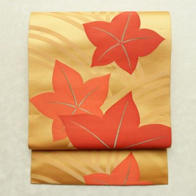 名古屋帯 六通柄 正絹 木の葉・植物柄 松葉仕立て なごや帯 リサイクル帯 帯 紅葉 黄・黄土色