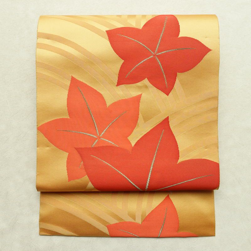 名古屋帯 六通柄 正絹 木の葉・植物柄 松葉仕立て なごや帯 リサイクル帯 帯 紅葉 黄・黄土色_画像1