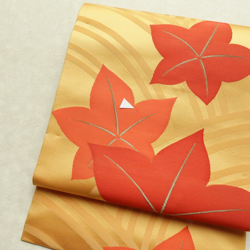 名古屋帯 六通柄 正絹 木の葉・植物柄 松葉仕立て なごや帯 リサイクル帯 帯 紅葉 黄・黄土色_画像3