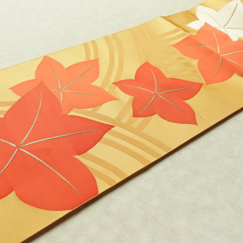 名古屋帯 六通柄 正絹 木の葉・植物柄 松葉仕立て なごや帯 リサイクル帯 帯 紅葉 黄・黄土色_画像12