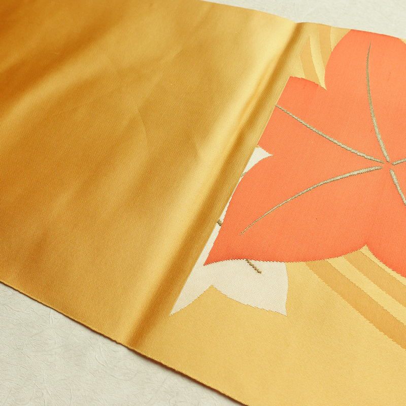 名古屋帯 六通柄 正絹 木の葉・植物柄 松葉仕立て なごや帯 リサイクル帯 帯 紅葉 黄・黄土色_画像15