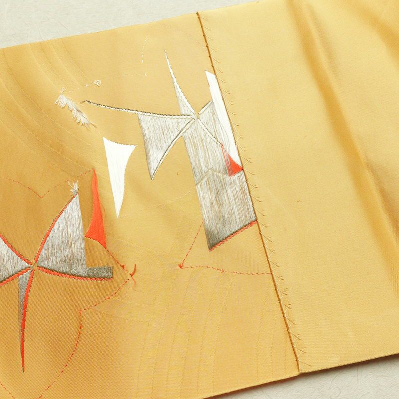 名古屋帯 六通柄 正絹 木の葉・植物柄 松葉仕立て なごや帯 リサイクル帯 帯 紅葉 黄・黄土色_画像18