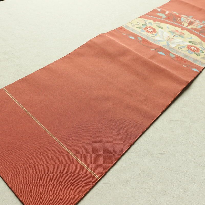 名古屋帯 太鼓柄 良品 つづれ織 正絹 蝶・昆虫柄 松葉仕立て なごや帯 リサイクル帯 帯 ピンク_画像9