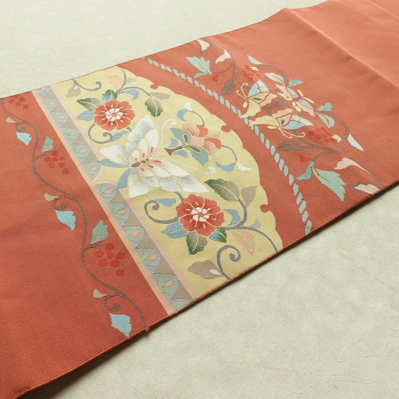 名古屋帯 太鼓柄 良品 つづれ織 正絹 蝶・昆虫柄 松葉仕立て なごや帯 リサイクル帯 帯 ピンク_画像12