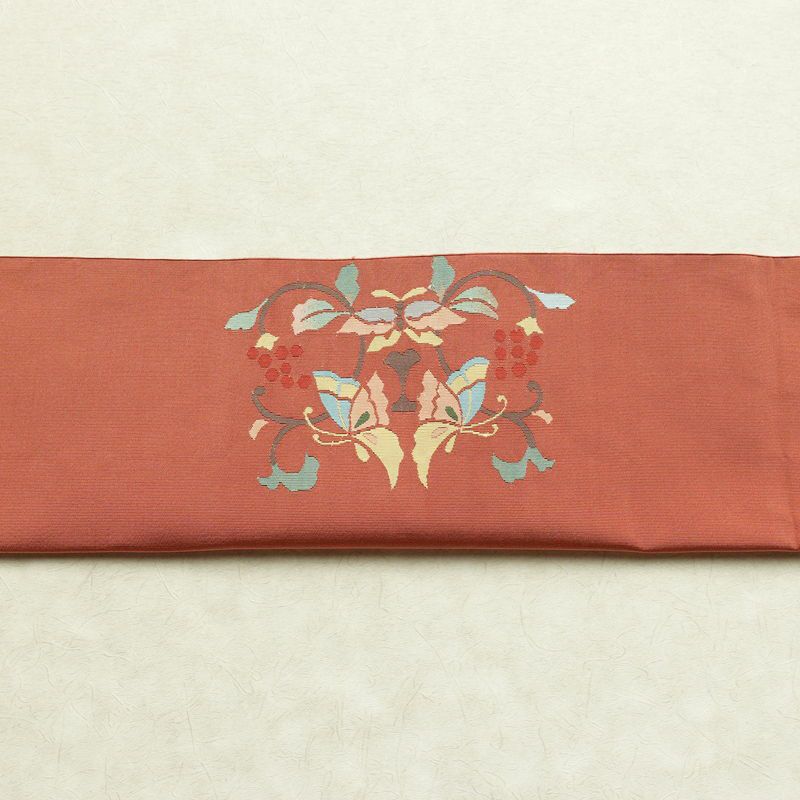 名古屋帯 太鼓柄 良品 つづれ織 正絹 蝶・昆虫柄 松葉仕立て なごや帯 リサイクル帯 帯 ピンク_画像14