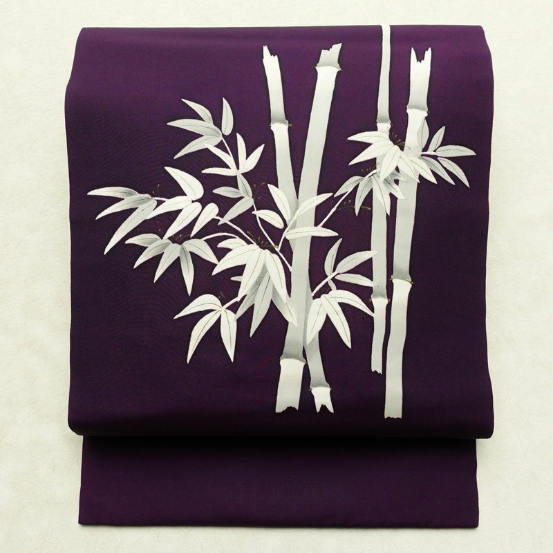 名古屋帯 太鼓柄 正絹 木の葉・植物柄 名古屋仕立て なごや帯 リサイクル帯 帯 笹 竹 紫・藤色_画像1