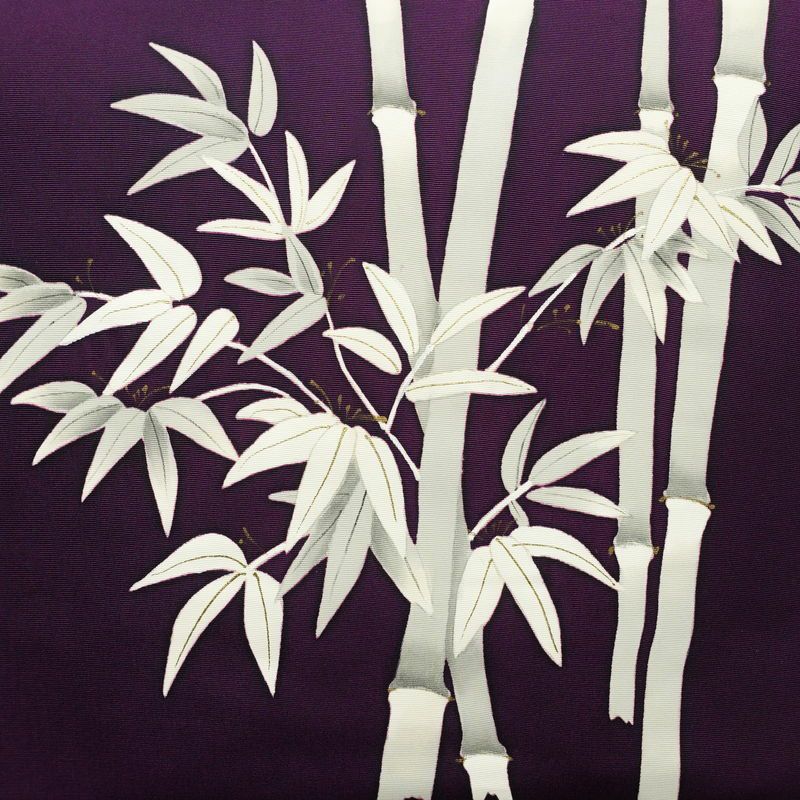 名古屋帯 太鼓柄 正絹 木の葉・植物柄 名古屋仕立て なごや帯 リサイクル帯 帯 笹 竹 紫・藤色_画像2