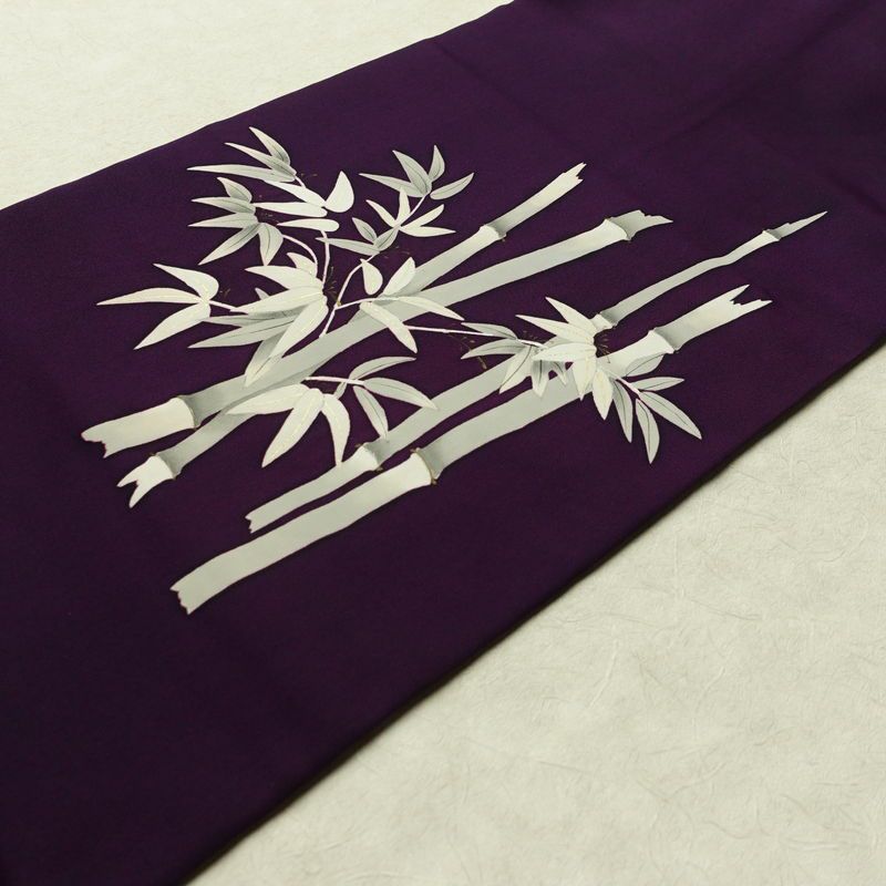 名古屋帯 太鼓柄 正絹 木の葉・植物柄 名古屋仕立て なごや帯 リサイクル帯 帯 笹 竹 紫・藤色_画像11