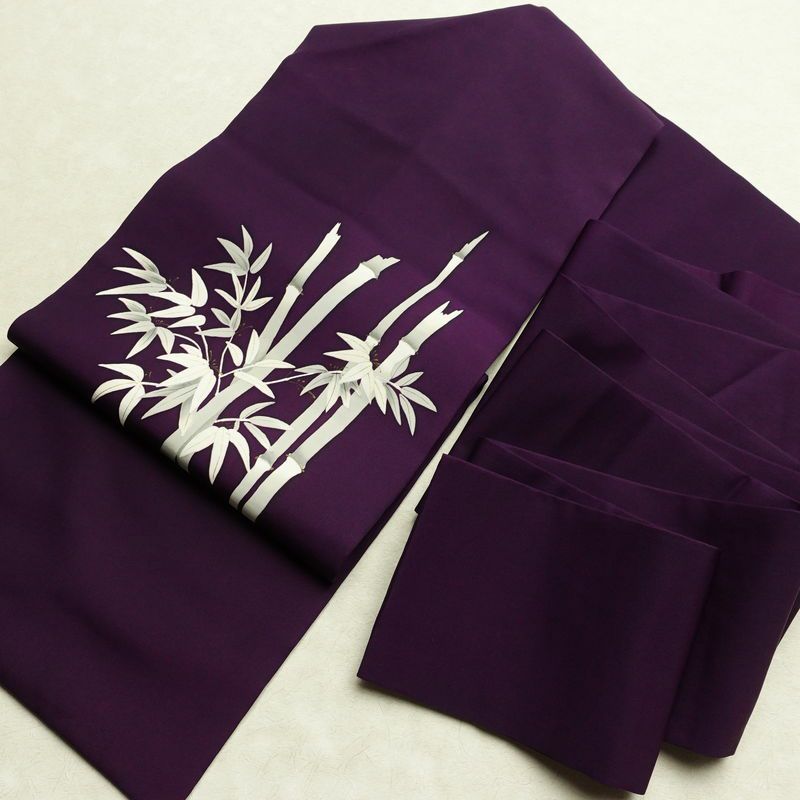 名古屋帯 太鼓柄 正絹 木の葉・植物柄 名古屋仕立て なごや帯 リサイクル帯 帯 笹 竹 紫・藤色_画像16