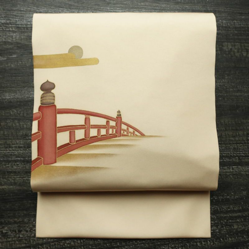 名古屋帯 太鼓柄 正絹 風景柄 名古屋仕立て なごや帯 リサイクル帯 帯 引箔 金彩 ベージュ_画像1