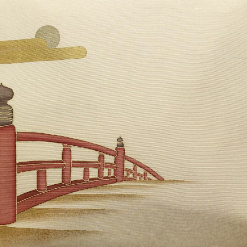 名古屋帯 太鼓柄 正絹 風景柄 名古屋仕立て なごや帯 リサイクル帯 帯 引箔 金彩 ベージュ_画像2