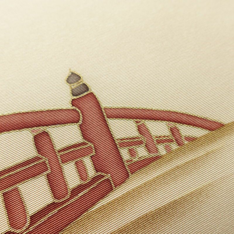 名古屋帯 太鼓柄 正絹 風景柄 名古屋仕立て なごや帯 リサイクル帯 帯 引箔 金彩 ベージュ_画像6