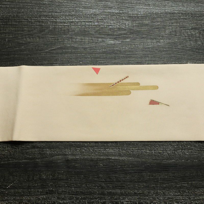 名古屋帯 太鼓柄 正絹 風景柄 名古屋仕立て なごや帯 リサイクル帯 帯 引箔 金彩 ベージュ_画像15