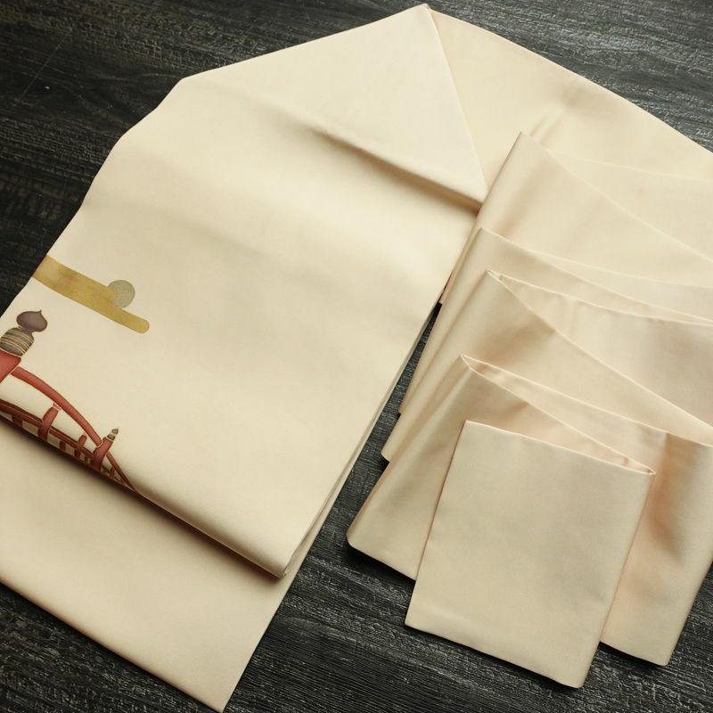 名古屋帯 太鼓柄 正絹 風景柄 名古屋仕立て なごや帯 リサイクル帯 帯 引箔 金彩 ベージュ_画像18