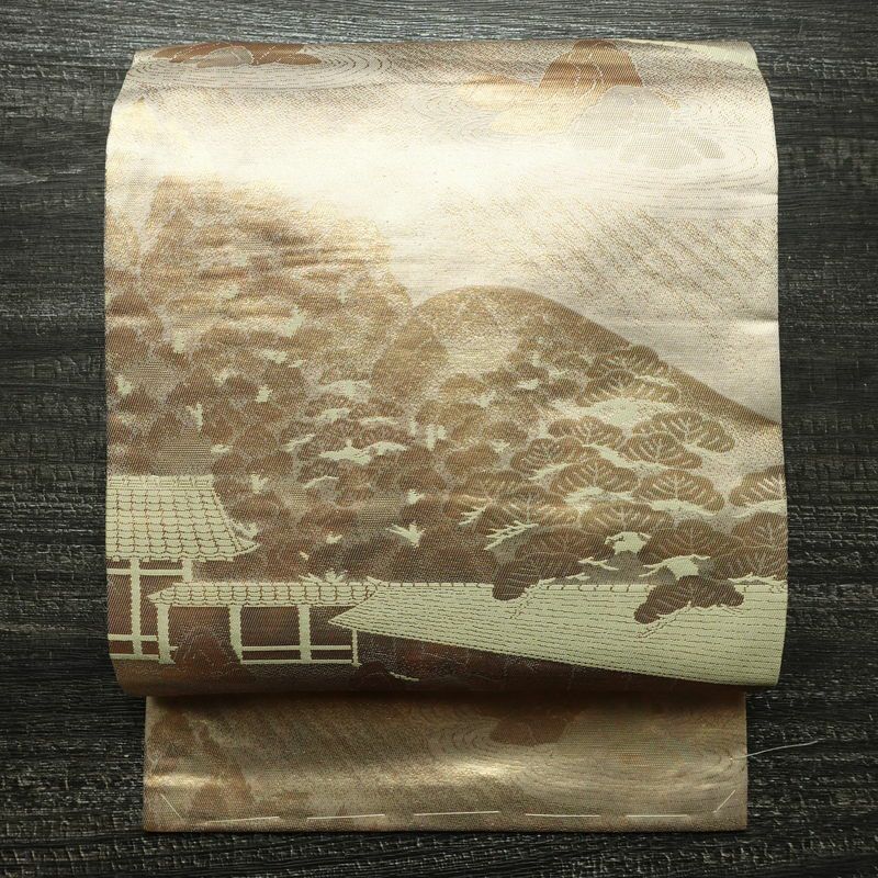 名古屋帯 六通柄 正絹 風景柄 名古屋仕立て なごや帯 リサイクル帯 帯 箔 引箔 金・銀_画像1