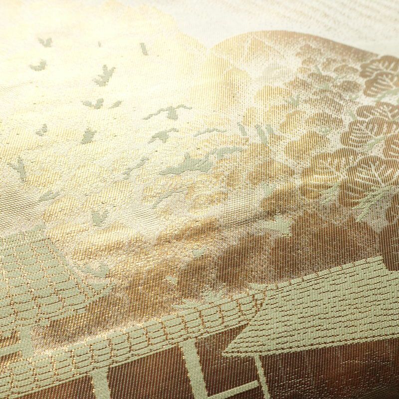 名古屋帯 六通柄 正絹 風景柄 名古屋仕立て なごや帯 リサイクル帯 帯 箔 引箔 金・銀_画像3