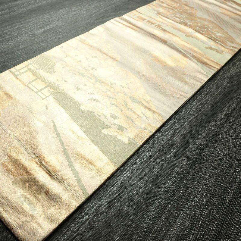 名古屋帯 六通柄 正絹 風景柄 名古屋仕立て なごや帯 リサイクル帯 帯 箔 引箔 金・銀_画像9