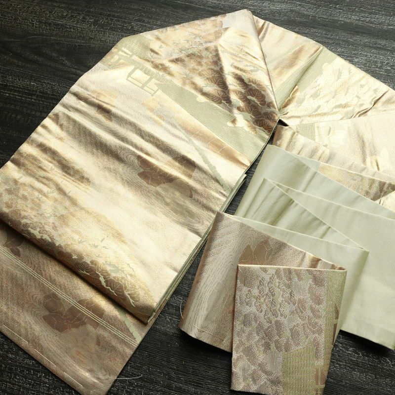 名古屋帯 六通柄 正絹 風景柄 名古屋仕立て なごや帯 リサイクル帯 帯 箔 引箔 金・銀_画像17