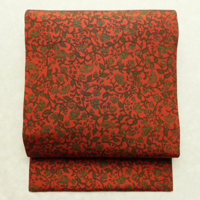 名古屋帯 全通柄 良品 正絹 木の葉・植物柄 名古屋仕立て なごや帯 リサイクル帯 帯 唐草 カジュアル 赤・朱