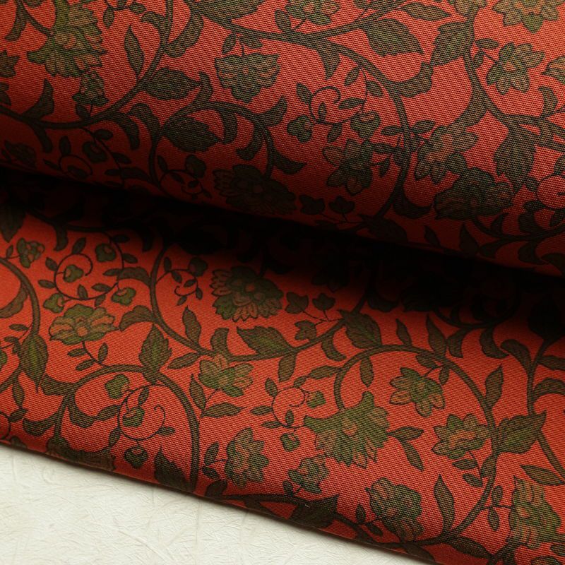 名古屋帯 全通柄 良品 正絹 木の葉・植物柄 名古屋仕立て なごや帯 リサイクル帯 帯 唐草 カジュアル 赤・朱_画像8
