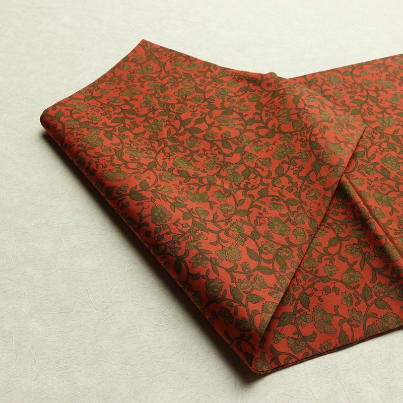 名古屋帯 全通柄 良品 正絹 木の葉・植物柄 名古屋仕立て なごや帯 リサイクル帯 帯 唐草 カジュアル 赤・朱_画像10