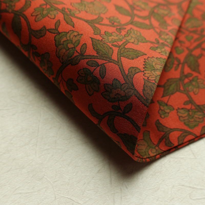 名古屋帯 全通柄 良品 正絹 木の葉・植物柄 名古屋仕立て なごや帯 リサイクル帯 帯 唐草 カジュアル 赤・朱_画像11