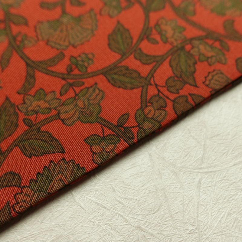 名古屋帯 全通柄 良品 正絹 木の葉・植物柄 名古屋仕立て なごや帯 リサイクル帯 帯 唐草 カジュアル 赤・朱_画像13