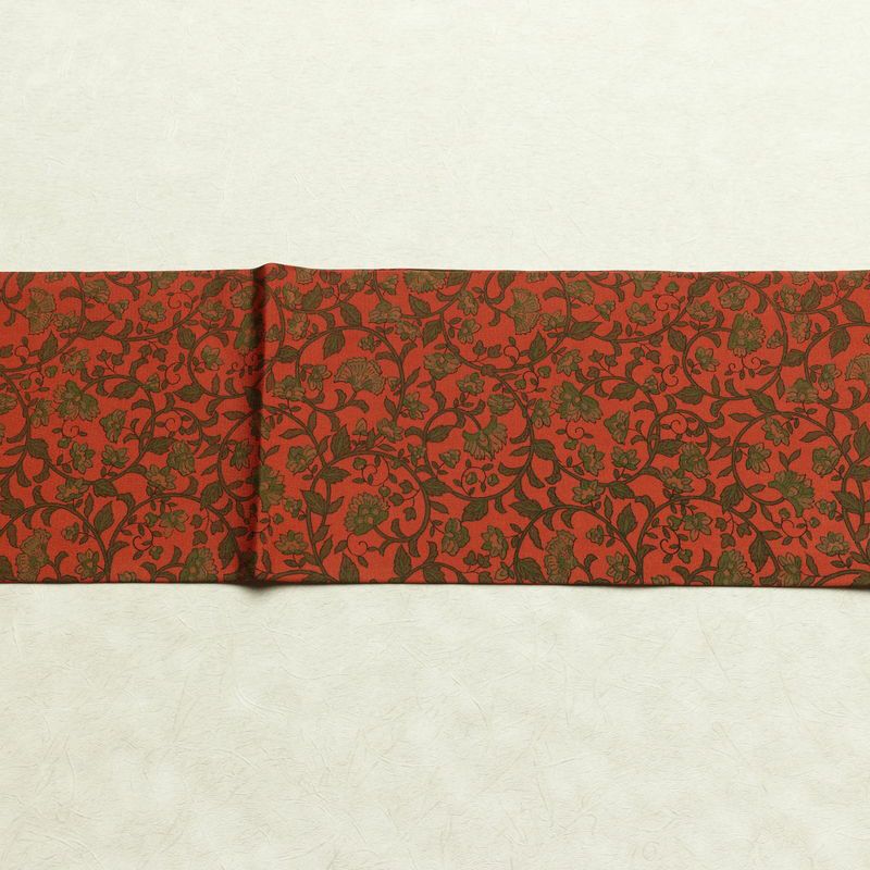 名古屋帯 全通柄 良品 正絹 木の葉・植物柄 名古屋仕立て なごや帯 リサイクル帯 帯 唐草 カジュアル 赤・朱_画像15