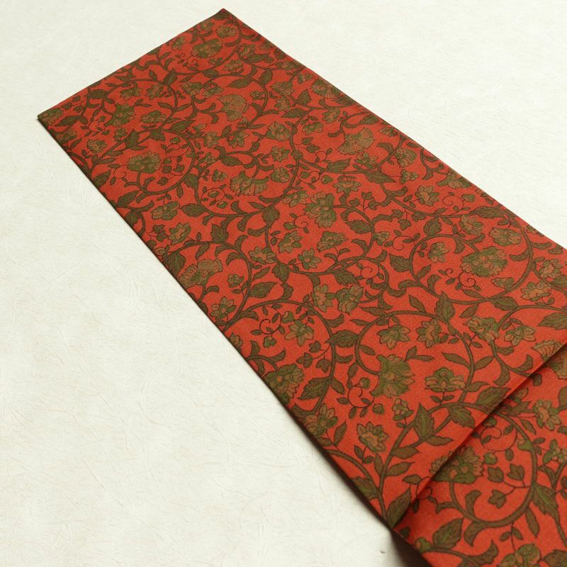名古屋帯 全通柄 良品 正絹 木の葉・植物柄 名古屋仕立て なごや帯 リサイクル帯 帯 唐草 カジュアル 赤・朱_画像16
